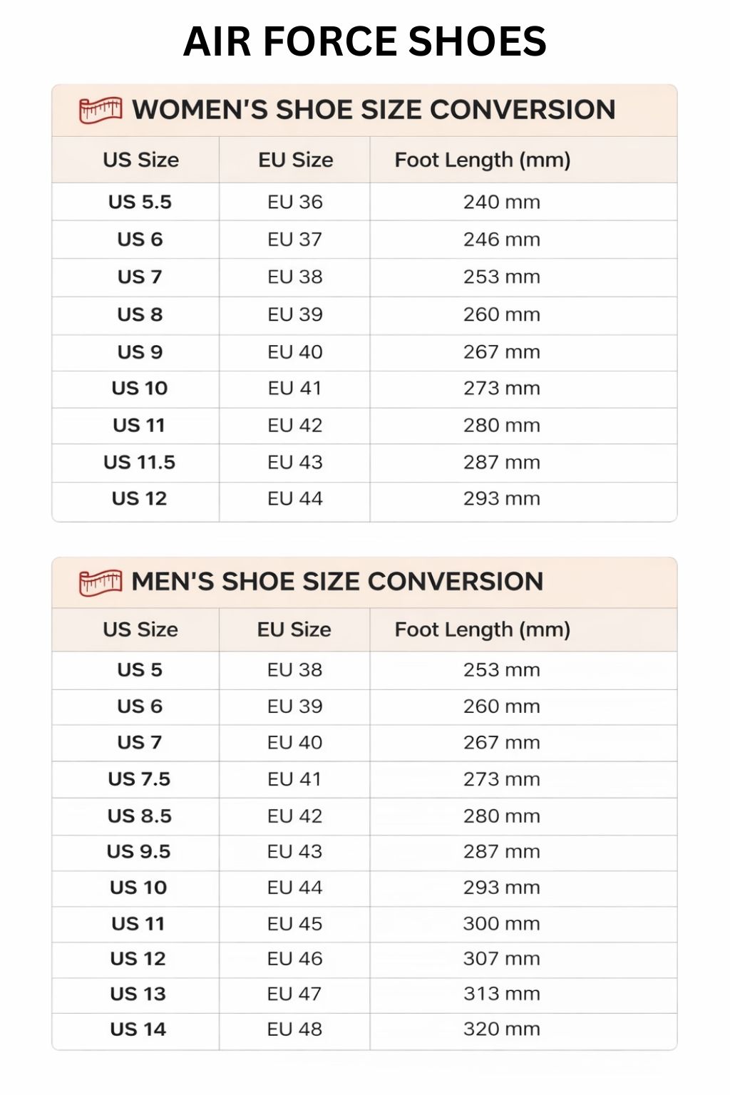 Air Force Shoes Size Chart - Evangelion Store