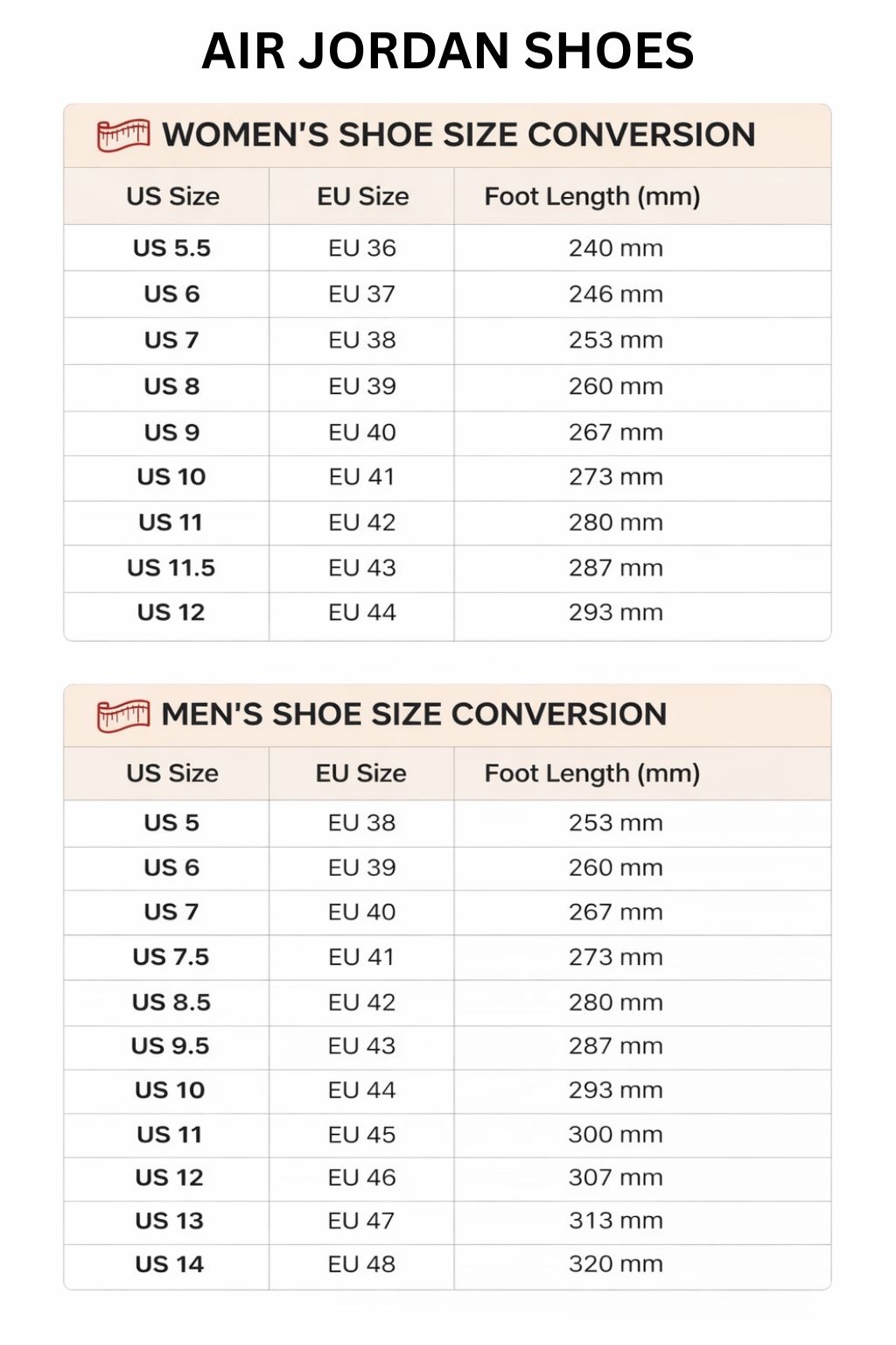 Air Jordan High Low Top Shoes Size Chart - Evangelion Store